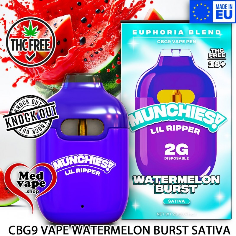 CBG9 VAPE LIL RIPPER - WATERMELON BURST 2ML - MUNCHIES WEED THC LEGAL CBD CANNABIS CBG9 VAPE LIL RIPPER - WATERMELON BURST 2ML - MUNCHIES WEED THC LEGAL CBD CANNABIS
