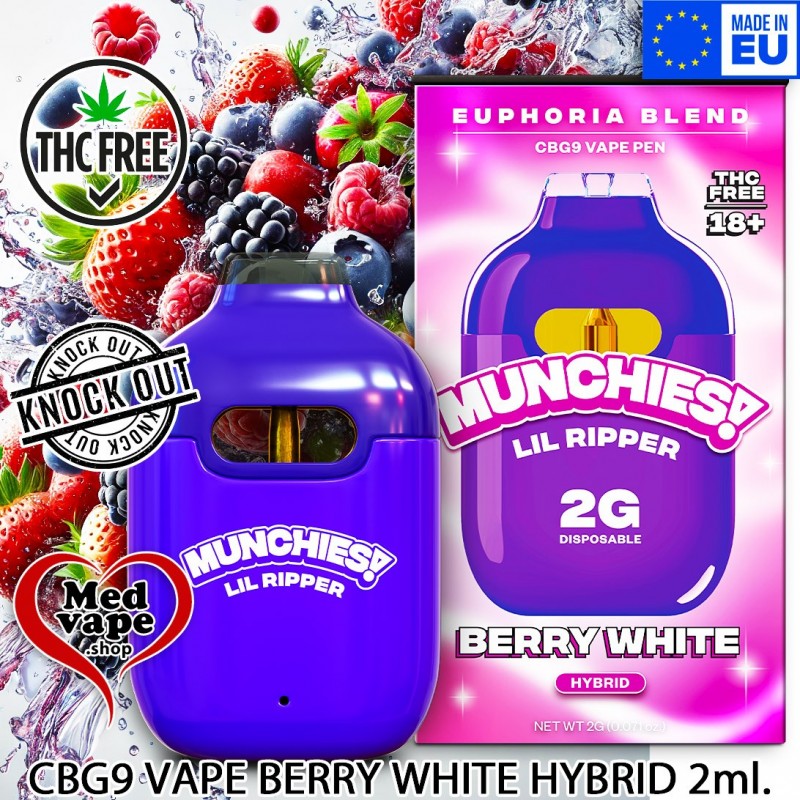 CBG9 VAPE LIL RIPPER - BERRY WHITE 2ML - MUNCHIES WEED CANNABIS LEGAL MEDVAPE THC FREE CBG9 VAPE LIL RIPPER - BERRY WHITE 2ML - MUNCHIES WEED CANNABIS LEGAL MEDVAPE THC FREE